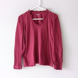 Loft Cotton V-neck Long-Sleeves Shirt Ruffle Berry Red Medium Petite